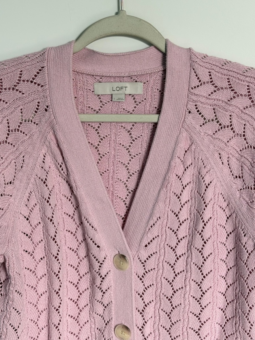 Loft Pink Cropped Pointelle Knit Cardigan Sweater Size Large 54494 - Picture 4 of 15